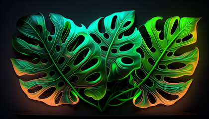 Neon leaf vibrant paradise neon tropical monstera leaf, Generative AI 