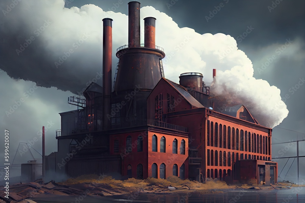 Wall mural hulking paper mill, with steam and smoke billowing from its stacks, created with generative ai