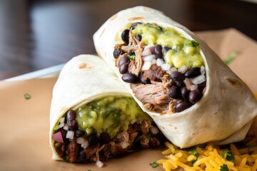 brisket burrito with black beans, cheese, and green salsa, created with generative ai - obrazy, fototapety, plakaty