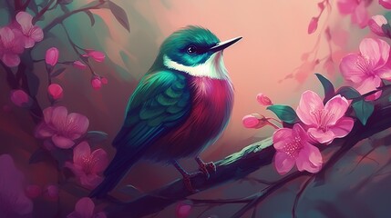 a beautiful bird of many colors perched on a tree covered with pink blossoms Generative AI