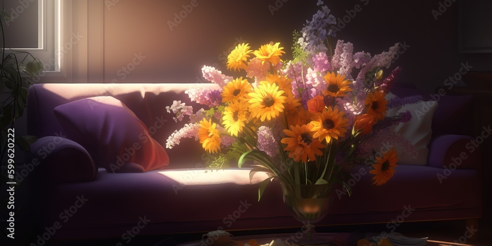Poster a table in front of a sofa with a vase of flowers on the table. generative ai