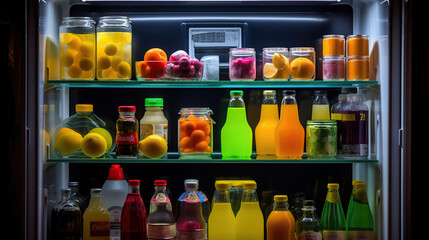 Fototapeta na wymiar Different products on refrigerator shelves, AI Generative