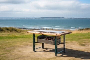 portable grill on a picnic table, with view of the beach in the background, created with generative ai