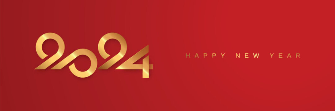 2024 new year with gold typography logo number on luxury red background. Happy new year 2024 celebration banner template