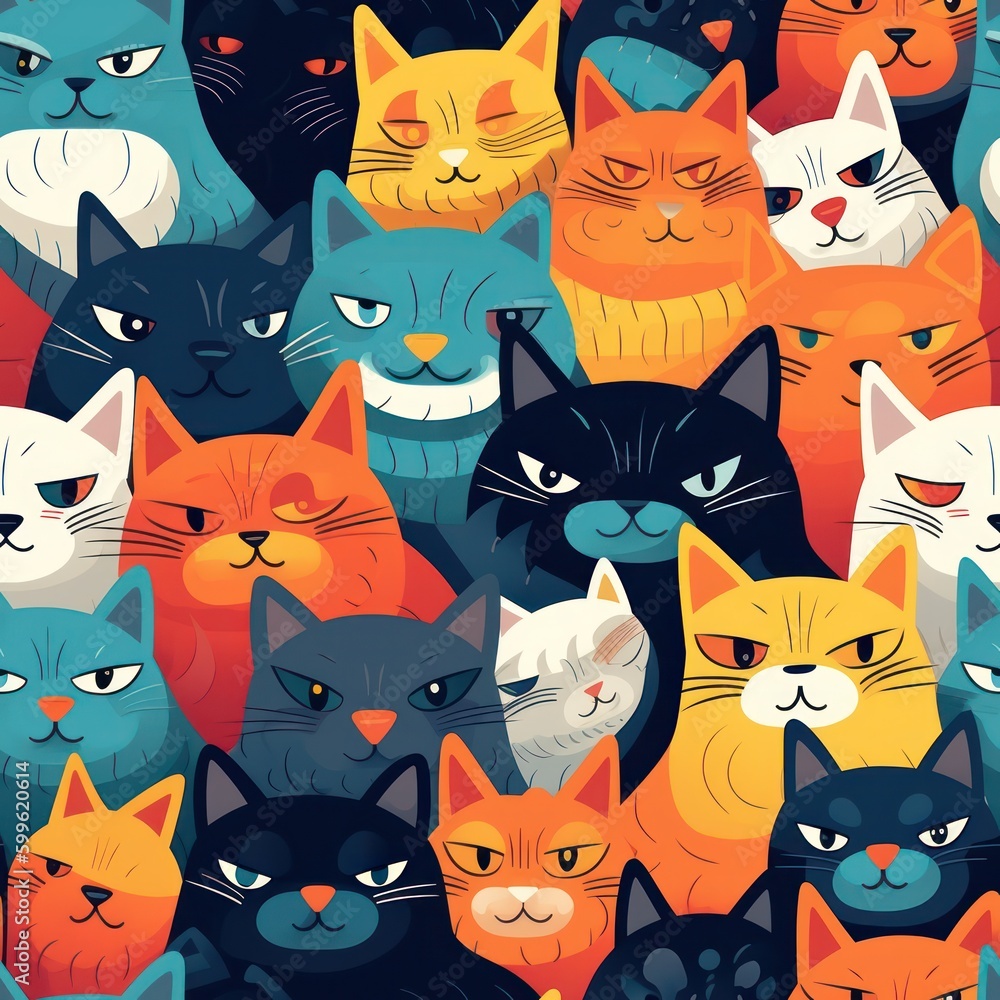 Poster funny colorful cats filled background seamless pattern