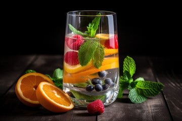glass of water with slices of fruit and mint leaves on the side, created with generative ai