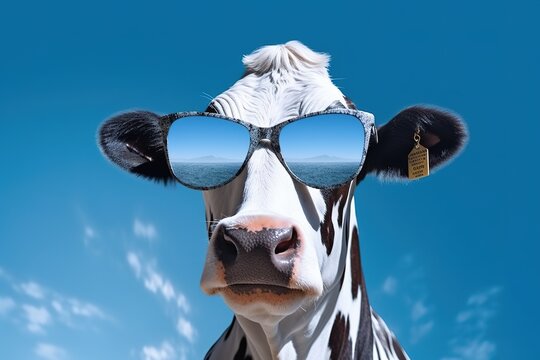a tight shot of a cow that is shown to be wearing sunglasses. Generative AI
