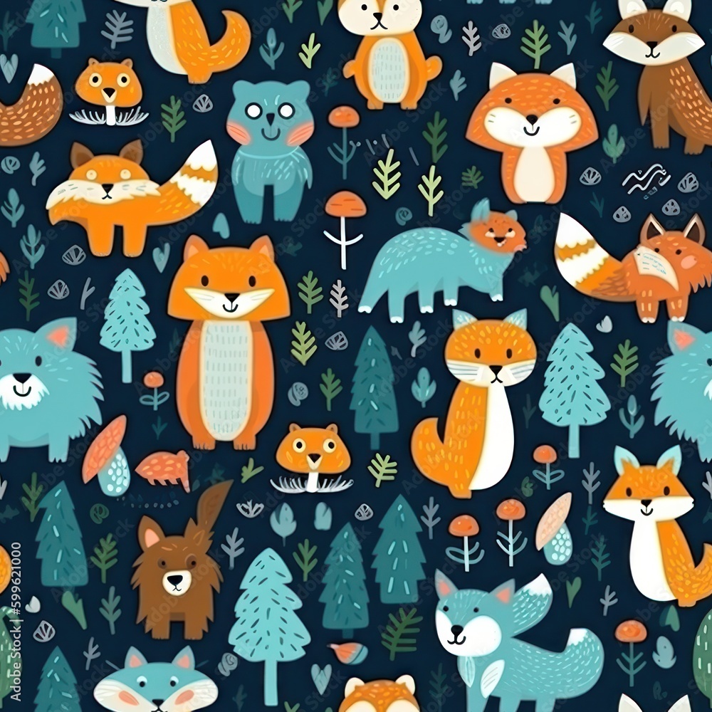 Poster  forest animals and trees background seamless pattern .generative ai