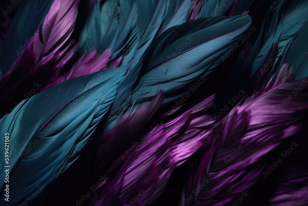 Poster a clump of feathers that are both blue and purple in color. generative ai