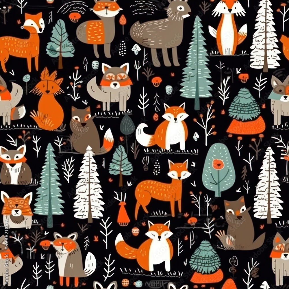 Poster background seamless pattern with wild animals and forest fir trees