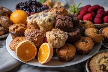 plate of gluten-free and vegan muffins, rolls, and pastries for breakfast or brunch, created with generative ai