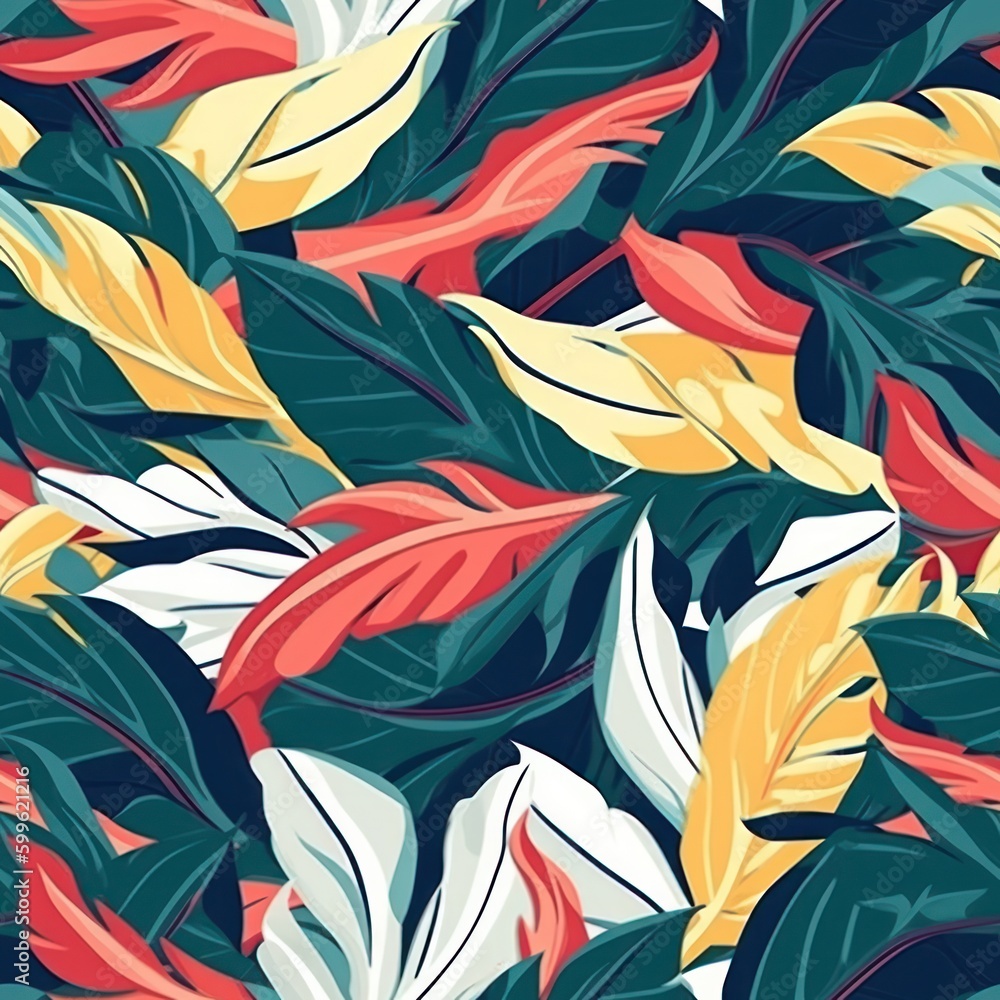 Poster retro color tropical leaf filled background seamless pattern