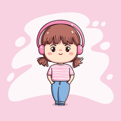 Cute happy girl with headphone listening music kawaii chibi flat outline cartoon character