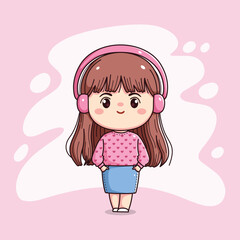 Cute happy girl with headphone listening music kawaii chibi flat outline cartoon character