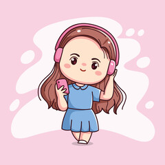Cute happy girl with headphone listening music kawaii chibi flat outline cartoon character