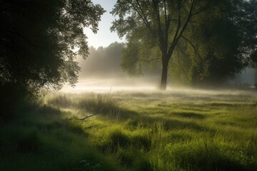 morning mist rolling over meadow, with glimpses of the sun peeking through, created with generative ai