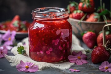 Fototapeta na wymiar jar of homemade strawberry jam, with beautiful swirls of red and pink, created with generative ai