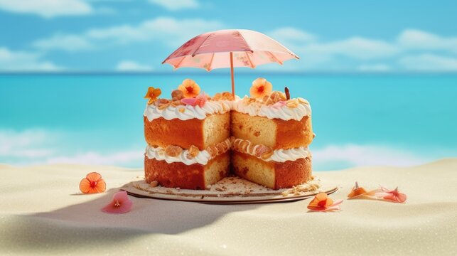Ein dekorierter sommerlicher Kuchen mit Sonnenschirm vor Strand Hintergrund, Generative AI