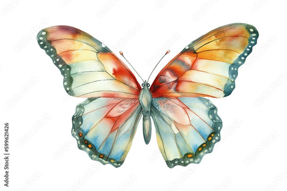 Poster a digital painting of a butterfly with a white backdrop with the butterfly's wings open. generative 