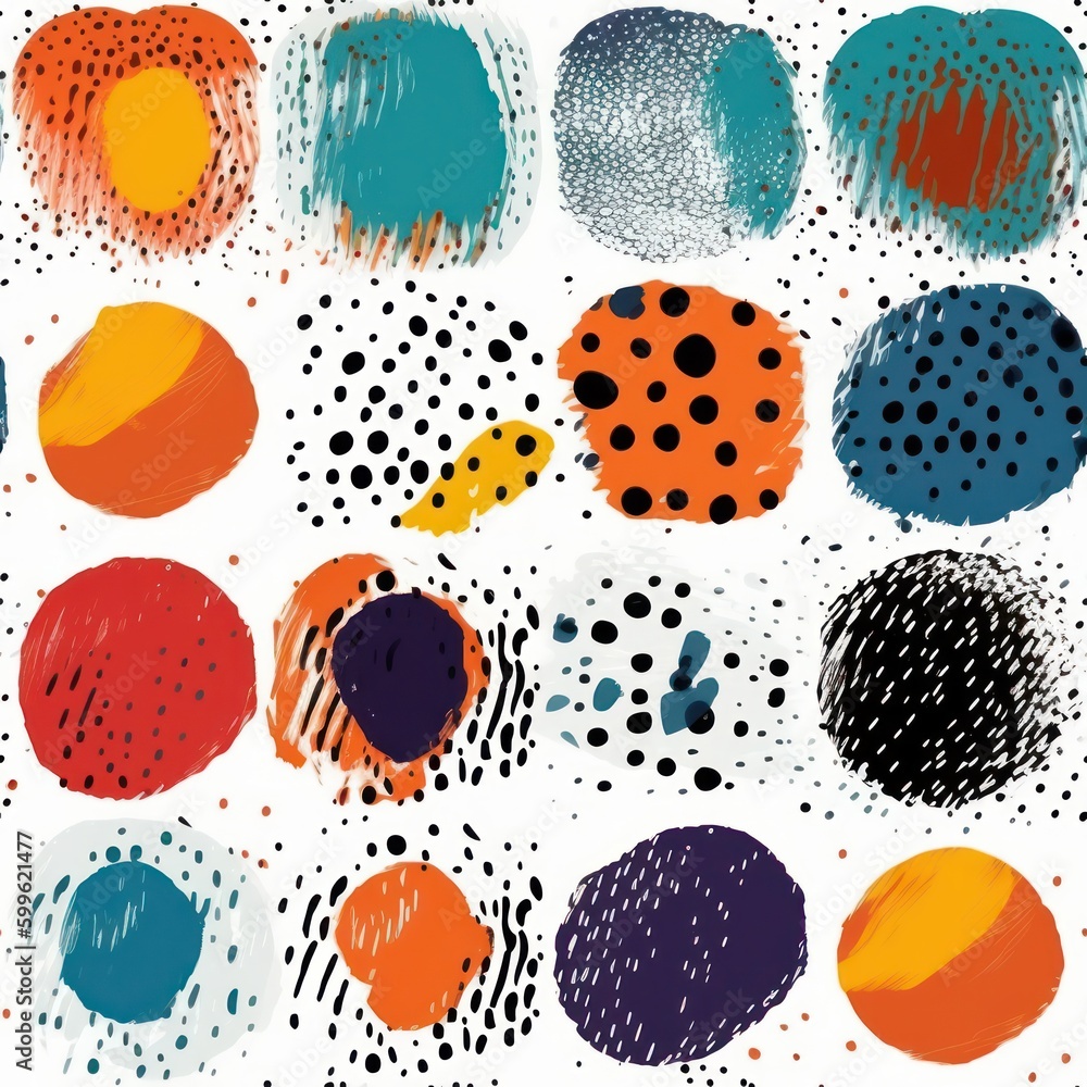 Poster A hand-drawn seamless pattern of multicolored circles made with brush strokes. background