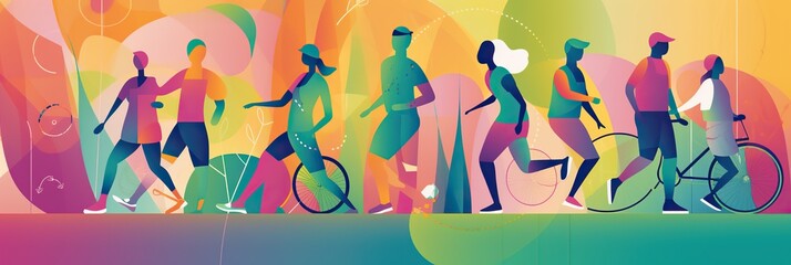 Colorful image of diverse people engaging in physical activity, highlighting the importance of exercise for overall health, concept of Physical fitness benefits, created with Generative AI technology