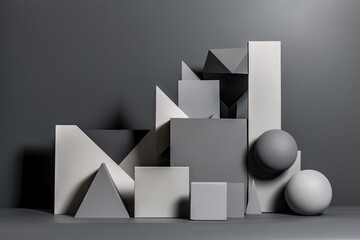 minimalist composition of geometric shapes in various shades of gray, created with generative ai