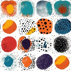 A hand-drawn seamless pattern of multicolored circles made with brush strokes. background