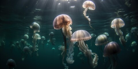 Obraz na płótnie Canvas A school of jellyfish moving gracefully through the ocean currents, concept of Marine Ecosystem Dynamics, created with Generative AI technology