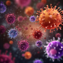 Close up illustration of viruses that cause disease in the human body. Covid-19 and influenza viruses. The illustration is generated from AI.