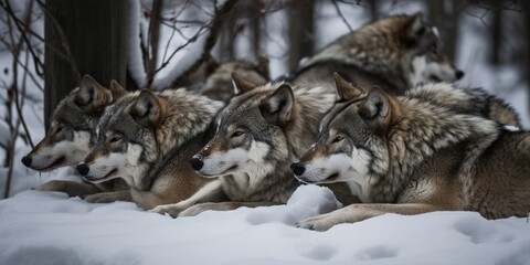 A pack of wolves sleeping in the snow, concept of Animal behavior, created with Generative AI technology