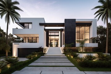 modern mediterranean house with geometric exterior and contemporary details, created with generative ai