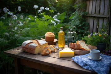 Fototapeta premium freshly baked loaf of bread, butter and cheese on wooden table in the garden, created with generative ai