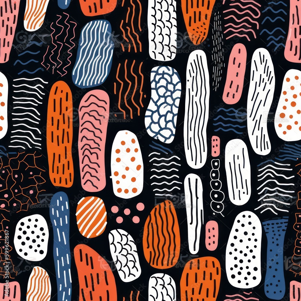 Poster abstract shapes and different colored hand drown background seamless pattern