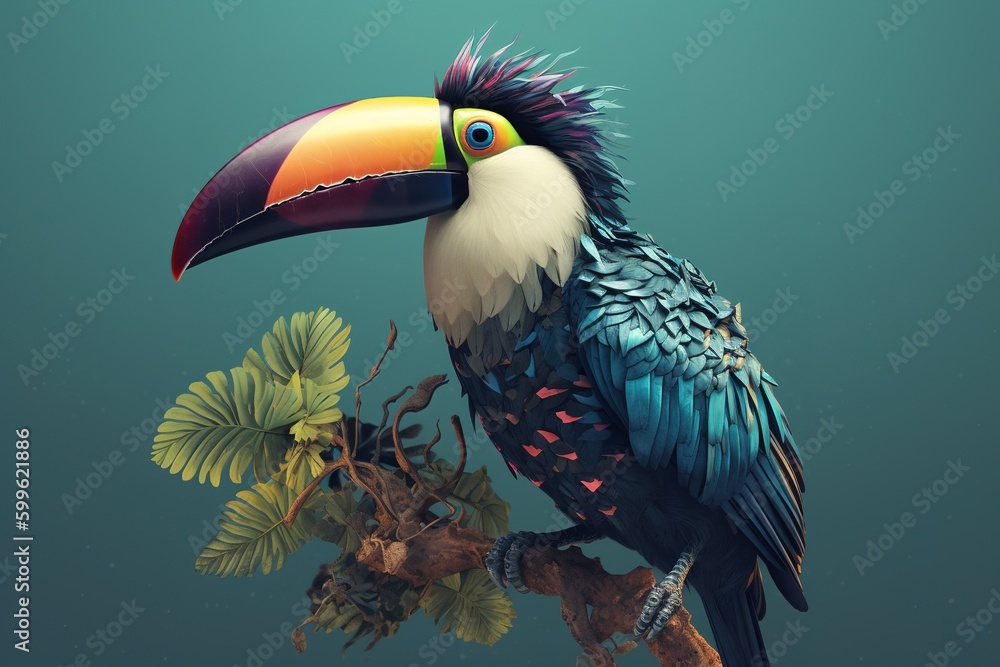 Poster a beautiful bird of many colors sitting on a limb of a tree. generative ai