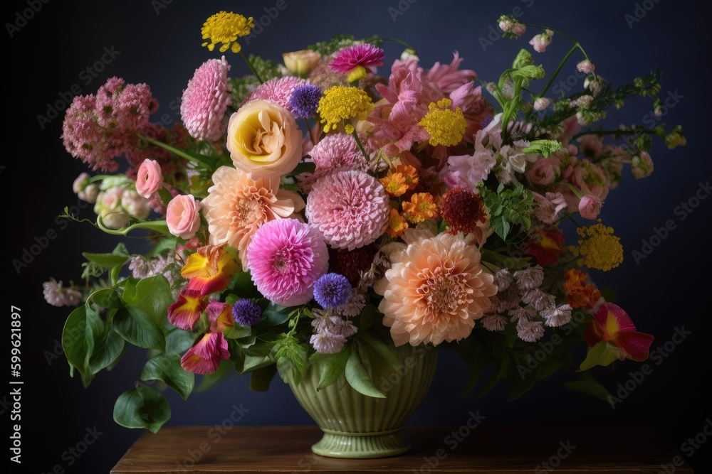 Wall mural vibrant bouquet of pastel flowers in bold vase, created with generative ai