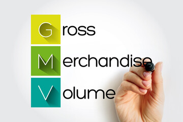 GMV Gross Merchandise Volume - total amount of sales a company makes over a specified period of time, acronym text concept with marker - obrazy, fototapety, plakaty