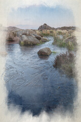 Digital watercolour painting of sunrise at Doxey Pool on The Roaches.