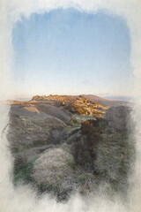 Panoramic winter digital watercolour painting of The Roaches at sunrise in the Peak District.