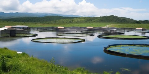 Aquaculture farm with a series of fish-filled ponds, illustrating modern sustainable fishery practices, concept of Environmental conservation, created with Generative AI technology