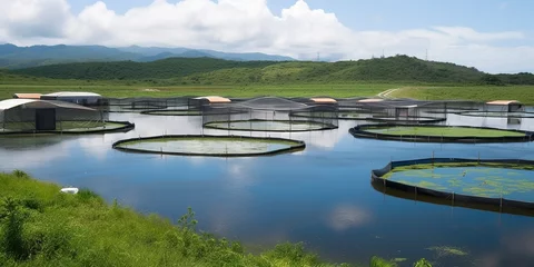 Foto op Plexiglas Aquaculture farm with a series of fish-filled ponds, illustrating modern sustainable fishery practices, concept of Environmental conservation, created with Generative AI technology © koldunova
