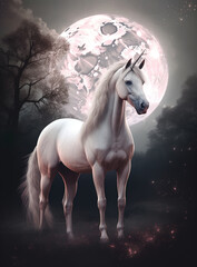 Generative AI: a White horse riding in a  pink landscape with mountain and big moon