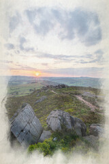 Panoramic digital watercolour painting of The Roaches at sunset in the Peak District National Park.