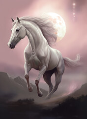 Plakat Generative AI: a White horse riding in a pink landscape with mountain and big moon