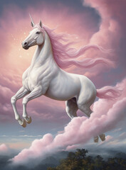Naklejka na ściany i meble Generative AI: a White unicorn riding in a pink landscape with mountain and big moon