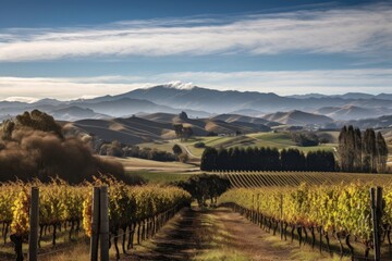 Fototapeta na wymiar vineyard with rolling hills and mountain range in the background, created with generative ai