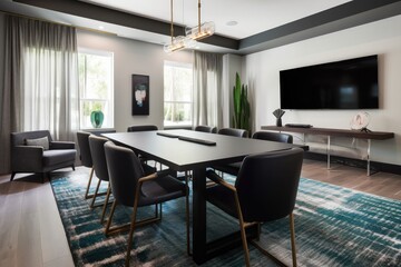 office space with meeting room, sleek furnishings, and modern decor, created with generative ai