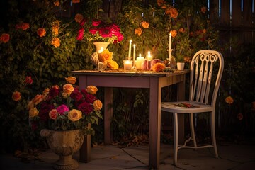 outdoor bistro set with candlelight and fresh flowers for a romantic setting, created with generative ai