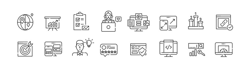 SEO digital marketing agency. Statistics analytics and strategies. Pixel perfect, editable stroke icons set