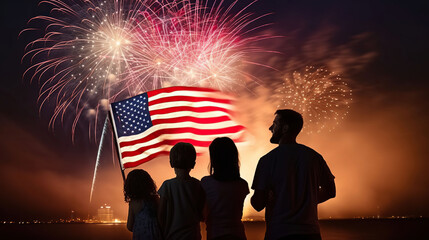 Holiday celebration. Family with American flag and fireworks in sky. AI Generative