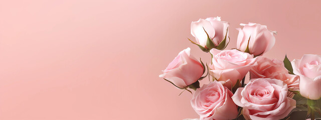 Pink Summer Banner. Bouquet of pink roses on pink background. Mothers day concept. Copy space, top view.